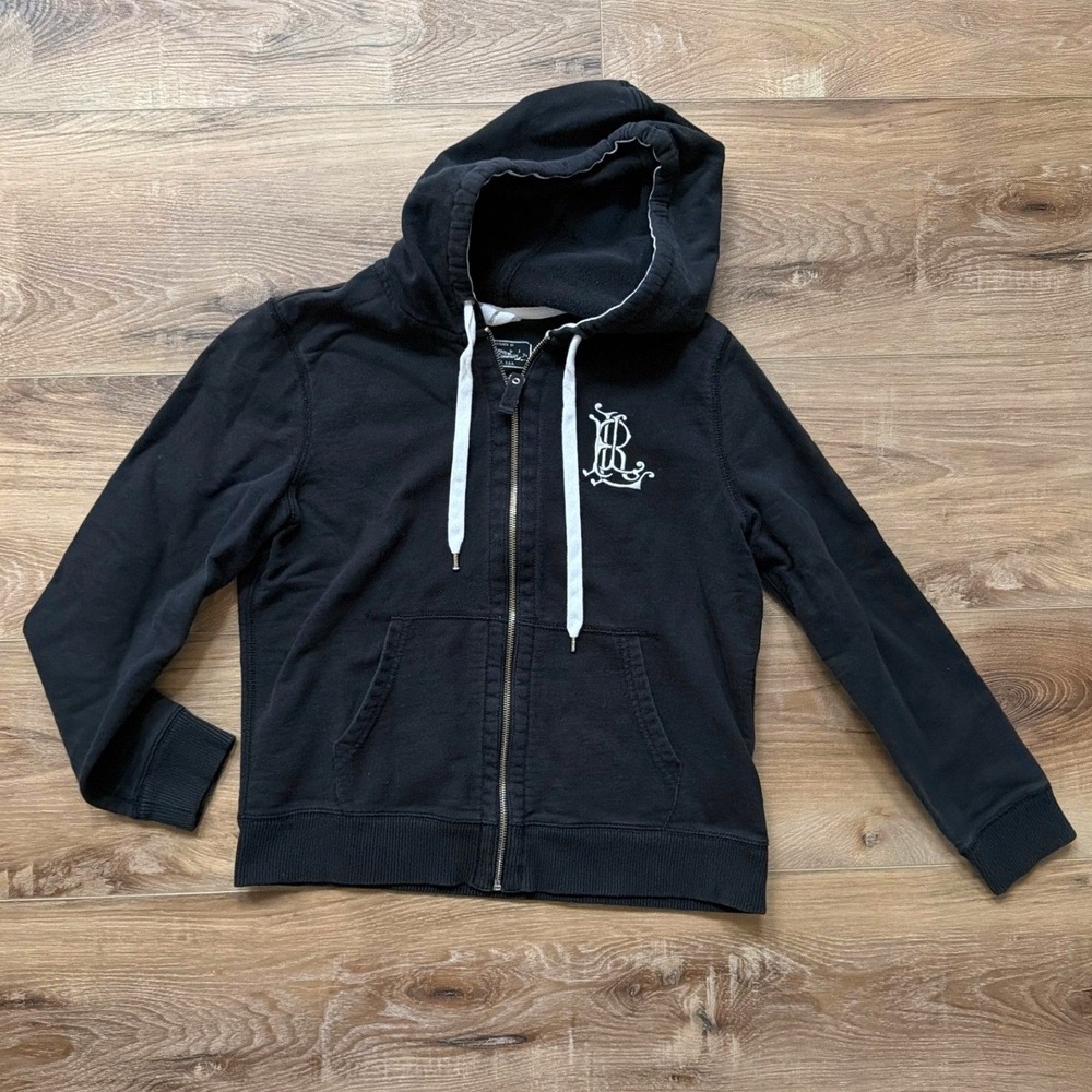 Lauren Jeans Co Ralph Lauren Black Zip Up Hoodie LRL Crest Sweatshirt Womens L